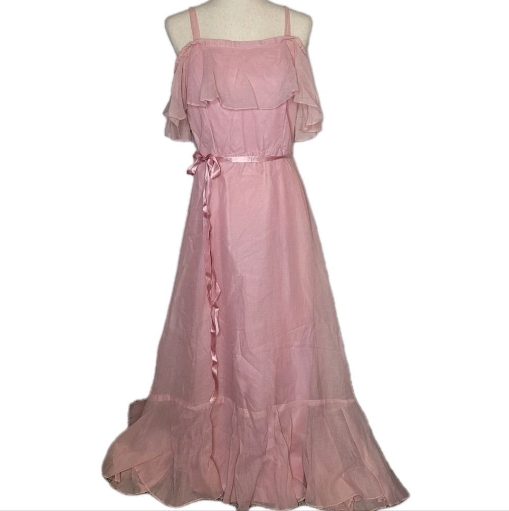 Vintage JC Penny Fashions pink Maxi Dress. Off-shoulder Sz 15/16